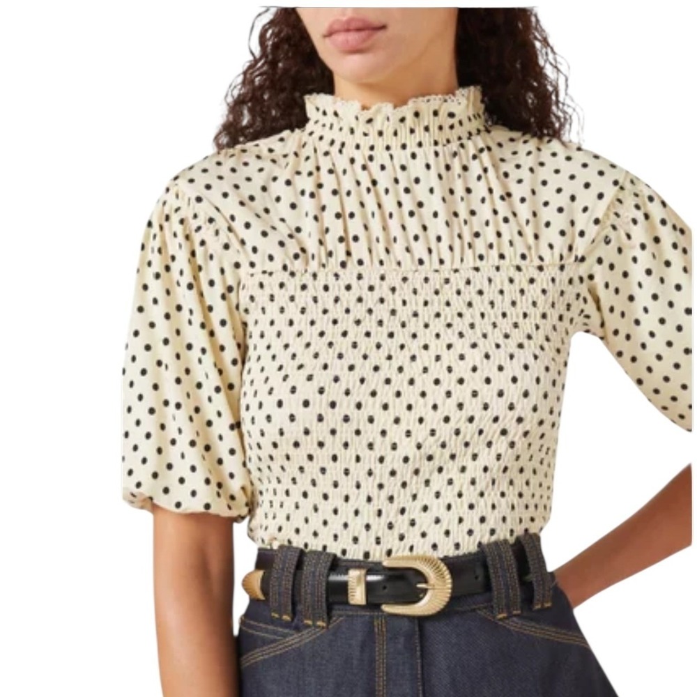 Sandro Racine smocked Polka Dot ecru black Mock Neck Puff Sleeve Blouse size 2 - Picture 1 of 5